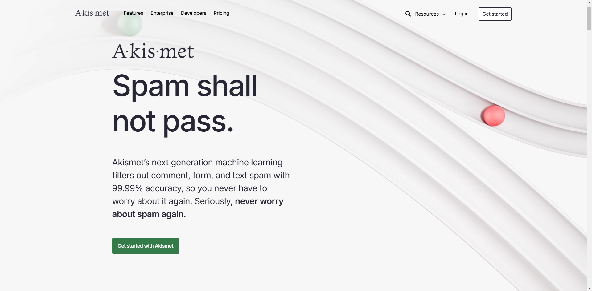 Akismet homepage with the tagline "Spam shall not pass" and a description of its spam-filtering capabilities.