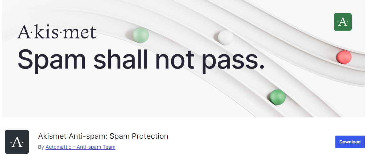 Akismet Anti-spam plugin with the tagline 'Spam shall not pass,' providing spam protection for WordPress sites, with a download option.