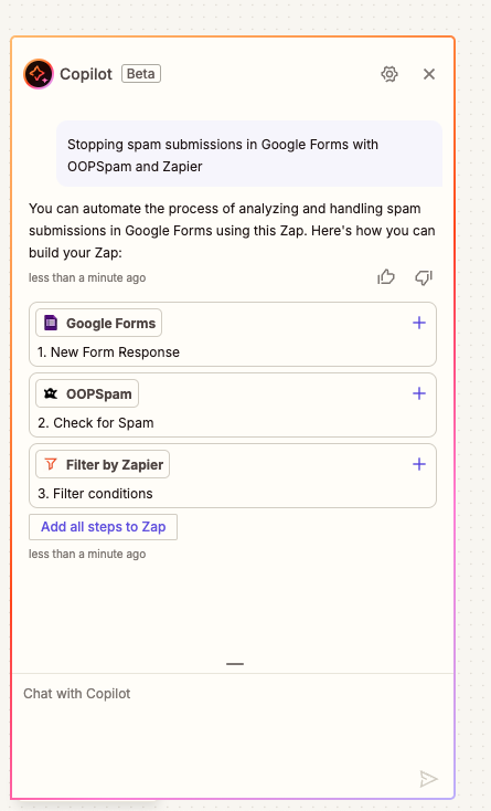 Zapier Copilot setup for automating spam submissions handling using Google Forms and OOPSpam.