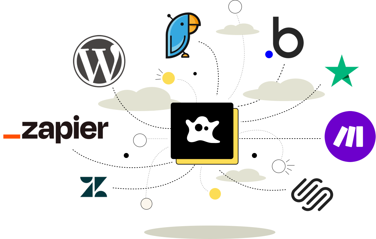 Illustration showing interconnected platforms like WordPress, Zapier, Bubble, Make, and others, symbolizing automation and integration.