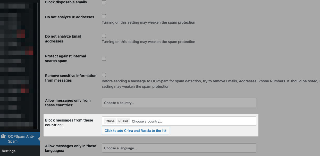 Settings interface showing options to block messages from specific countries, with 'China' and 'Russia' selected in the blocked list.