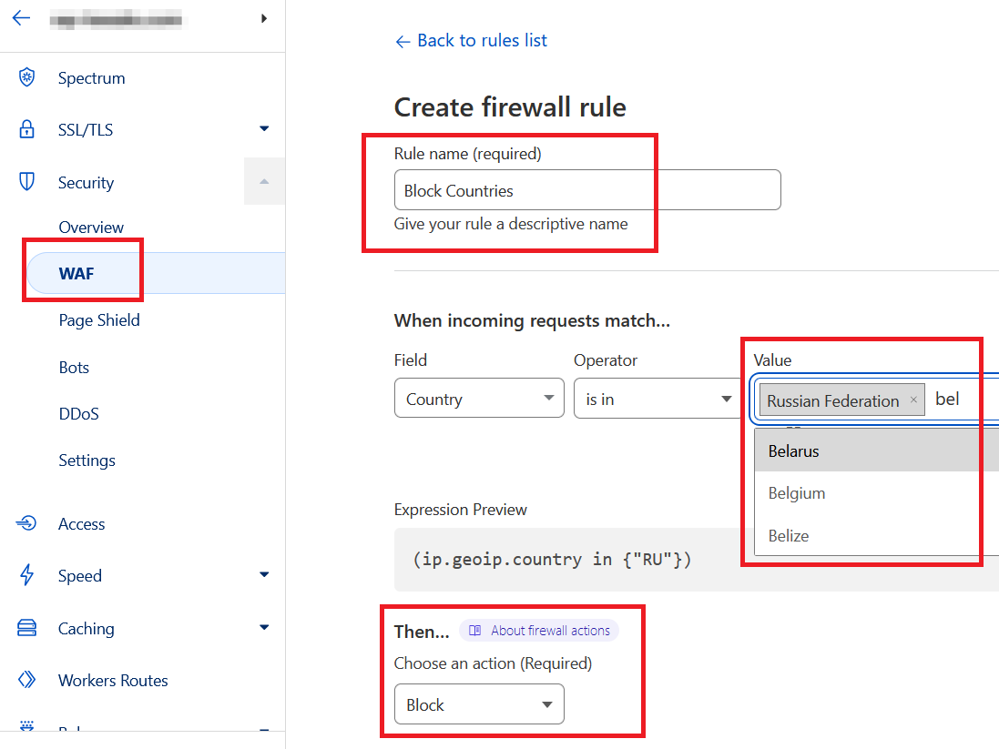 Cloudflare WAF settings for creating a firewall rule to block specific countries.