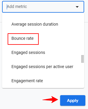 Google Analytics metric selection dropdown with "Bounce rate" highlighted and an "Apply" button indicated by a red arrow.