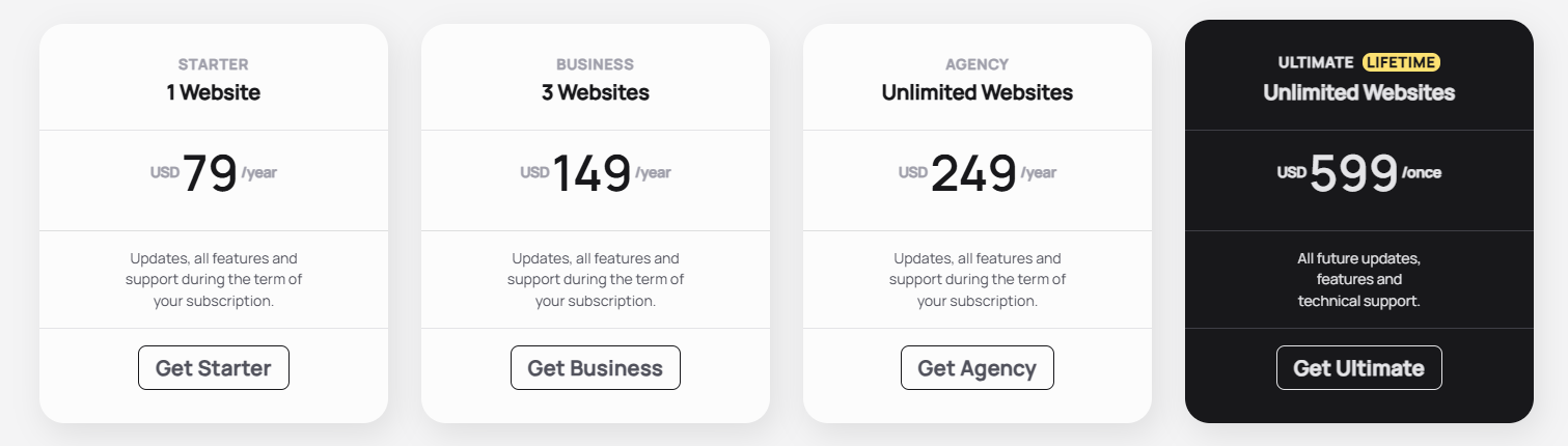 Bricks pricing plans for different website tiers.