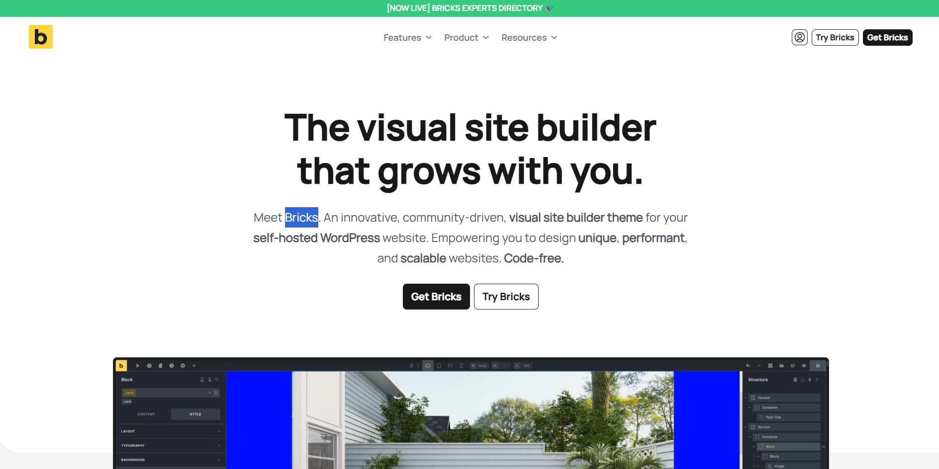 Bricks visual site builder homepage with a promotional banner.