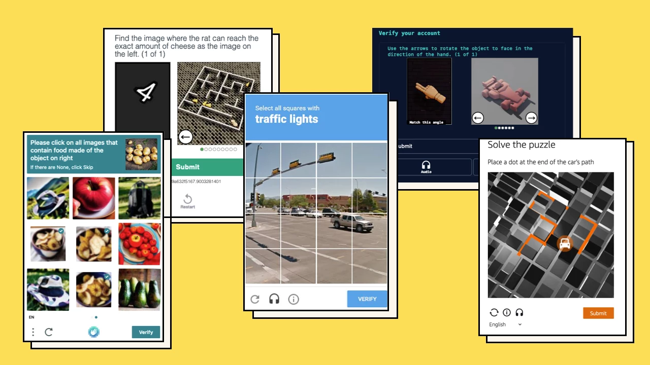 CAPTCHA examples including image-based, puzzle-solving, and object rotation tasks, demonstrating methods to verify human users and prevent spam.