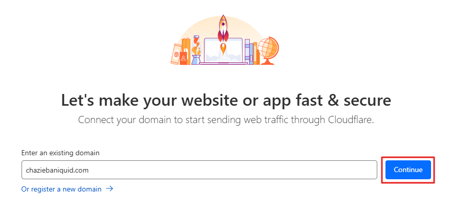 Cloudflare domain setup screen with a domain entered and 'Continue' button highlighted.