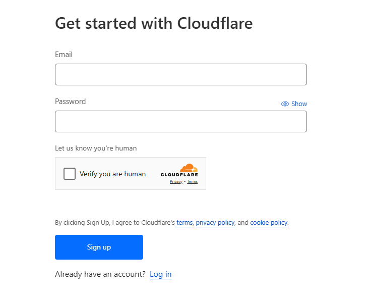 Cloudflare signup page with email, password, and CAPTCHA verification.