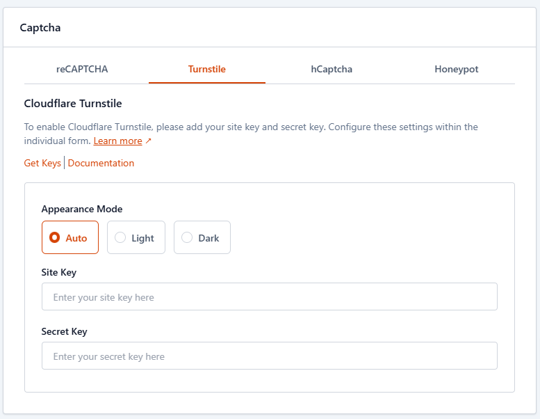 Cloudflare Turnstile captcha settings with appearance mode options and fields for site and secret keys.