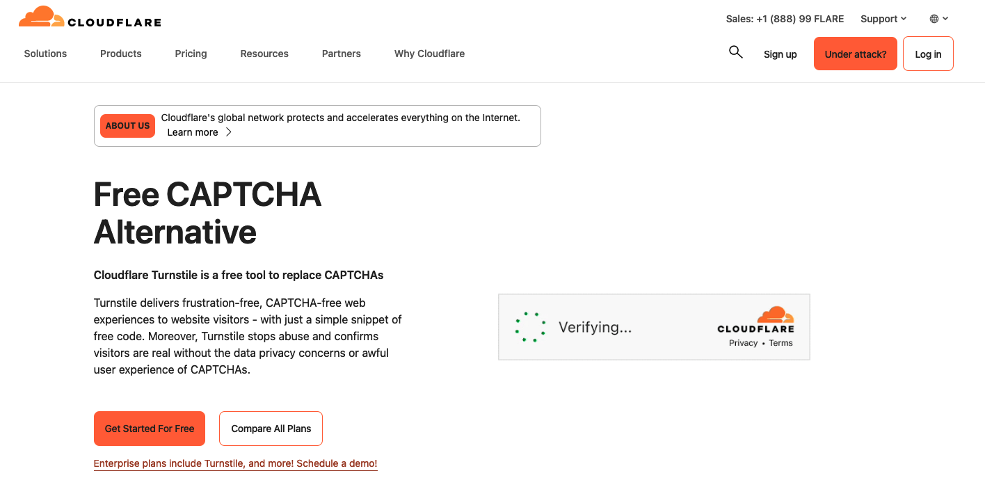 Cloudflare webpage promoting its free CAPTCHA alternative, Turnstile, with a description of CAPTCHA-free web experiences and options to get started for free or compare plans.