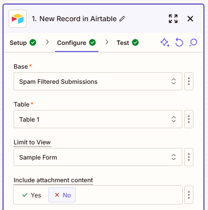 Airtable configuration in Zapier for new record creation with sample form view.