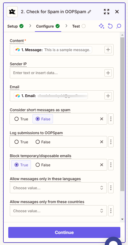 OOPSpam configuration in Zapier for spam filtering with specific content and email settings.