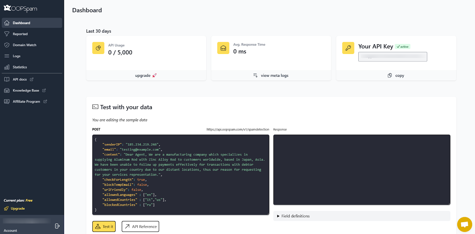 A screenshot of the OOPSpam dashboard showing API usage, average response time, active API key, and a "Test with your data" section featuring sample data for spam detection testing.