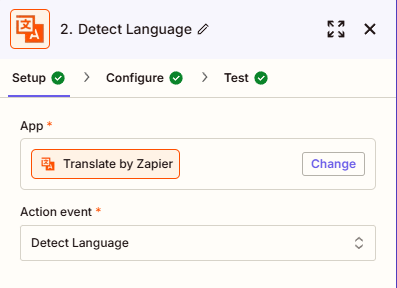 Zapier Translate integration setup for detecting language.