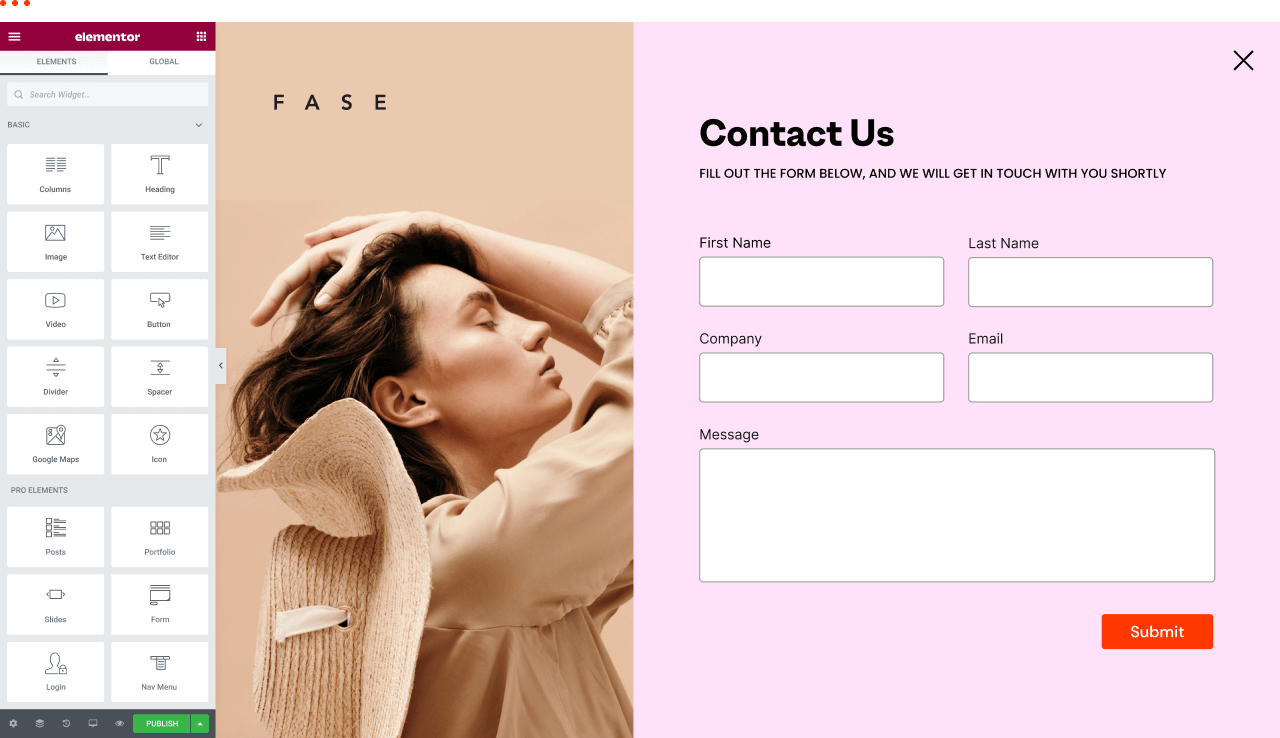 A contact form designed in Elementor with fields for name, company, email, and message on a pink background.