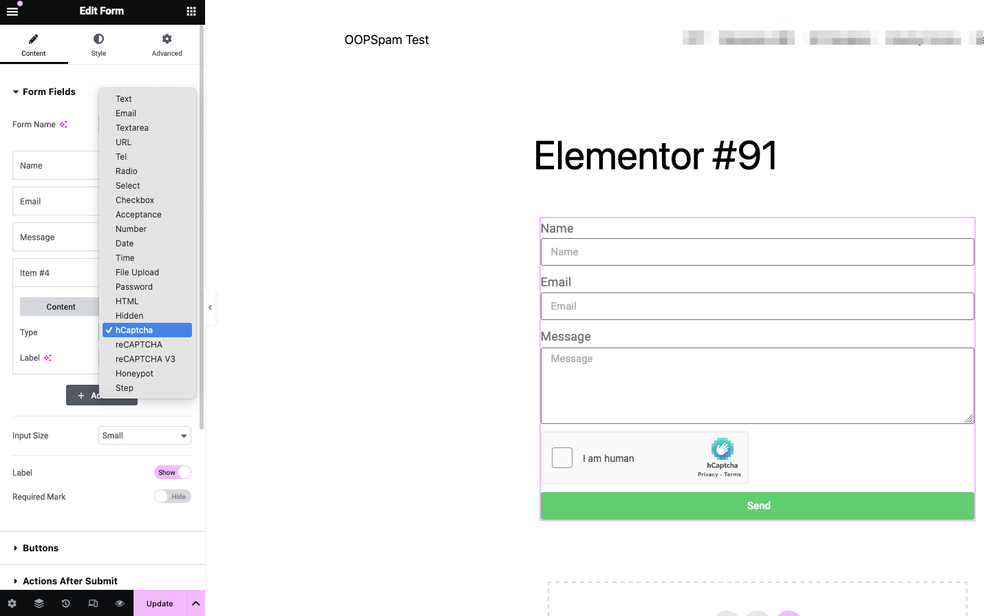 Elementor Forms hCAPTCHA field type