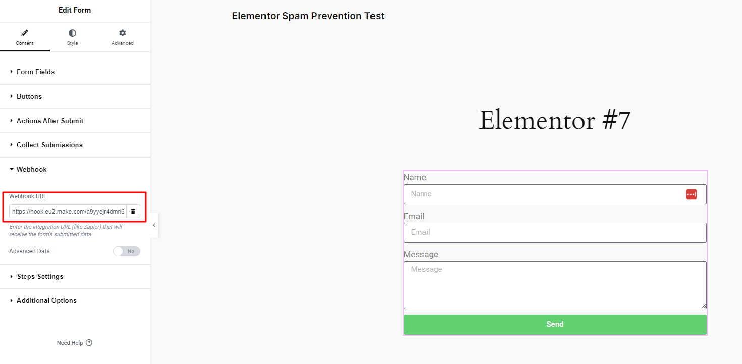 Elementor Webhook URL