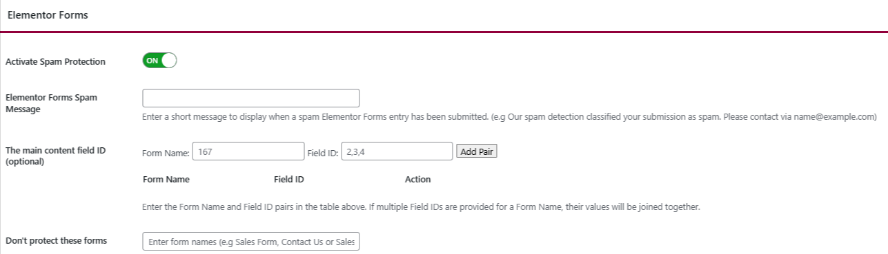 Elementor Forms spam protection settings screen.