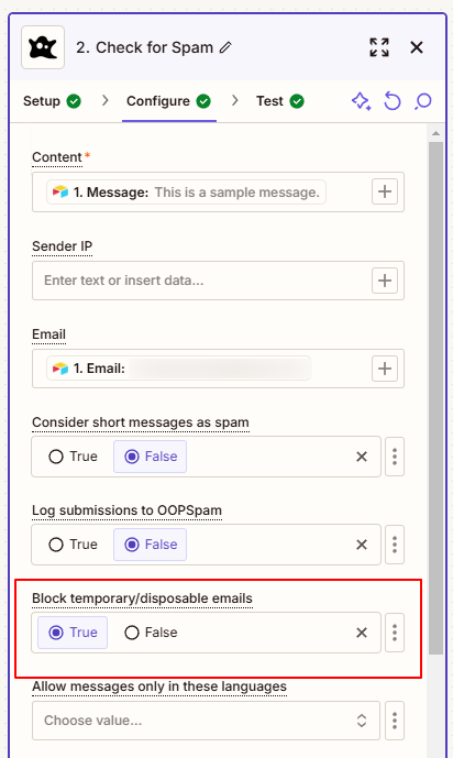 Zapier spam check setup with OOPSpam, blocking temporary emails.