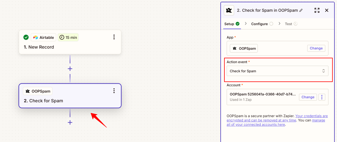 Zapier integration setup showing Airtable and OOPSpam spam check configuration.