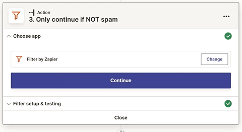 Zapier filter step ensuring continuation only if submission is not spam.