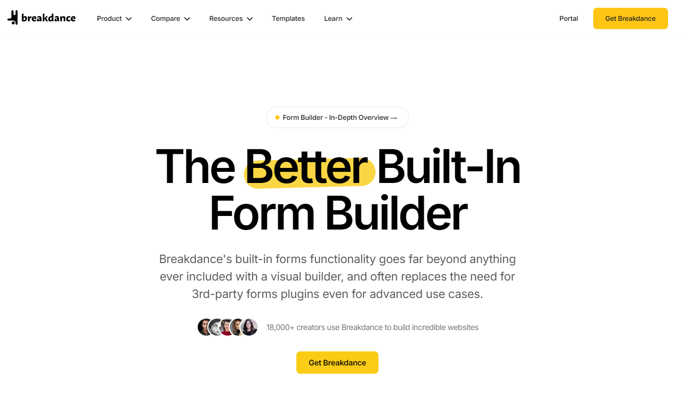 Breakdance webpage promoting its built-in form builder, highlighting its advanced functionality compared to third-party plugins.