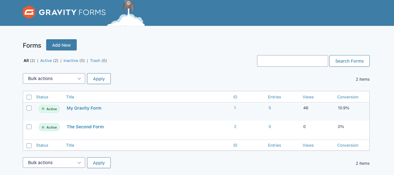 Gravity Forms dashboard displaying a list of active forms with entries, views, and conversion rates.