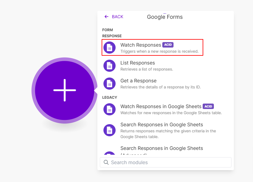 Google Forms integration module showing "Watch Responses" option highlighted.