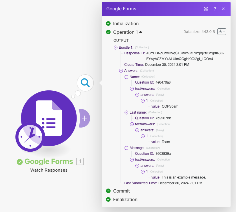 Google Forms response output details showing question IDs and text answers.