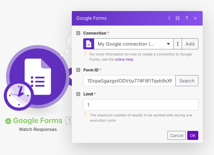 Google Forms "Watch Responses" settings with connection, form ID, and limit fields.