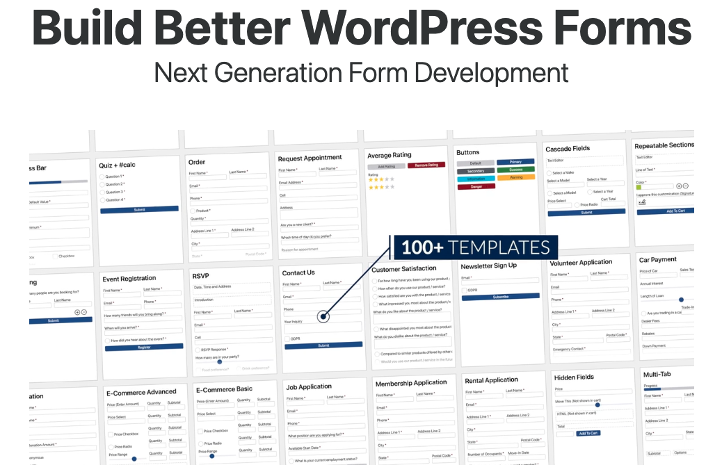 WordPress form development featuring the text 'Build Better WordPress Forms: Next Generation Form Development' and a grid showcasing over 100 form templates, including options for quizzes, orders, contact forms, and more.