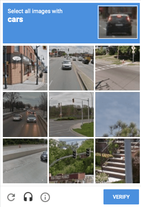 reCAPTCHA V2 image challenge asking users to select all images containing cars from a 3x3 grid, with one image selected.