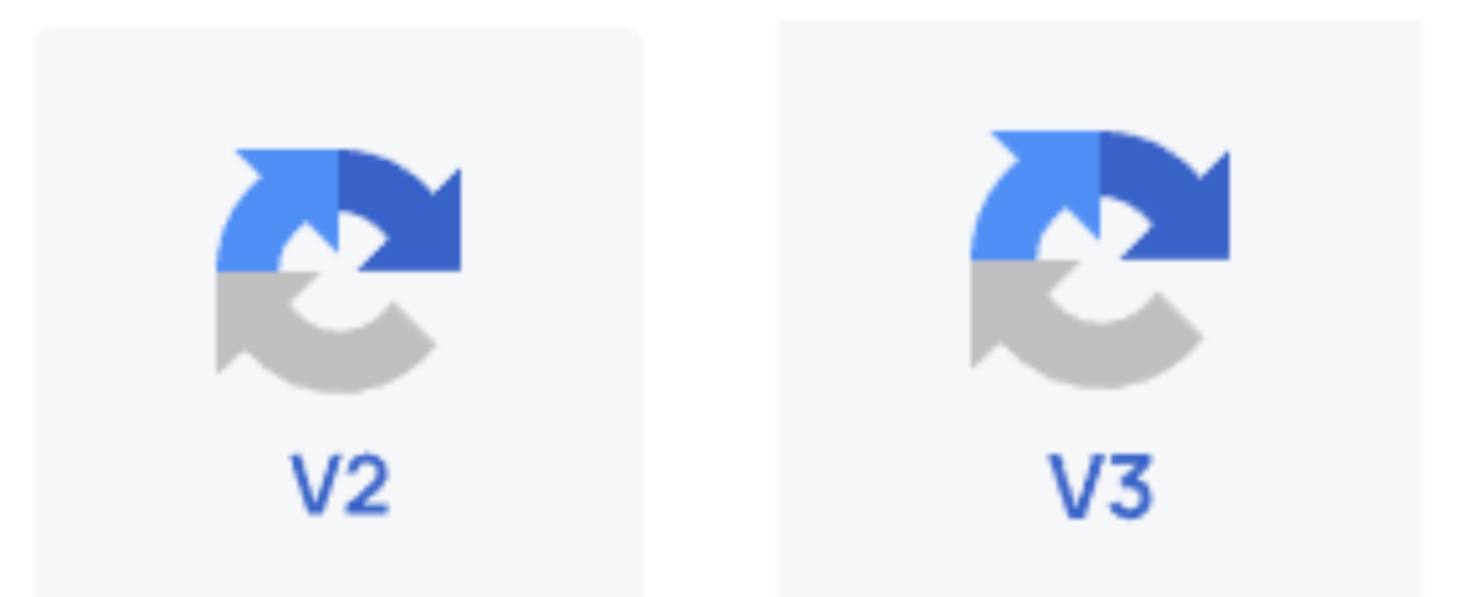 reCAPTCHA V2 and V3 logos side by side, showing different versions of Google's bot detection technology.