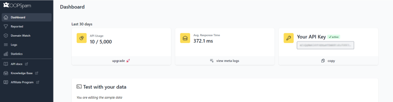 OOPSpam dashboard displaying API usage statistics, average response time, and a verified API key, with navigation options on the left including logs, domain watch, and knowledge base.