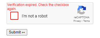 reCAPTCHA V2 checkbox showing 'I'm not a robot' with a verification expired message, prompting users to re-verify their identity.