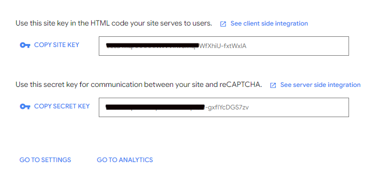 reCAPTCHA V3 setup displaying site key and secret key for client-side and server-side integration, with options to copy both keys.