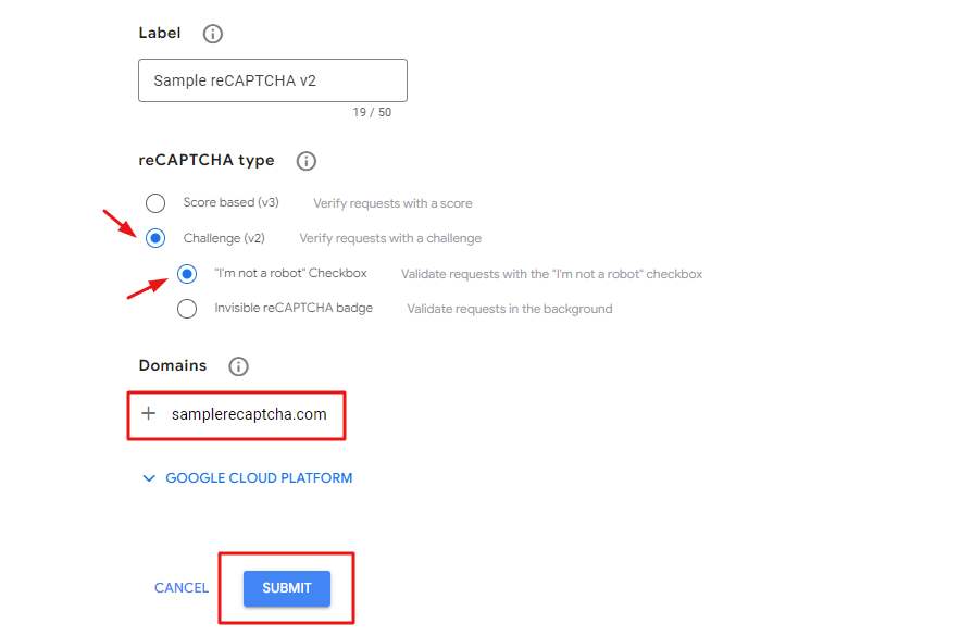 reCAPTCHA V2 admin console with 'Challenge (v2)' and 'I'm not a robot' checkbox selected, domain entered, and 'Submit' button highlighted.