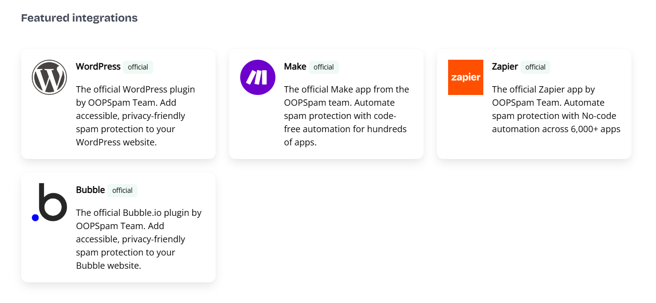 OOPSpam's featured integrations, including official plugins and apps for WordPress, Bubble, Make, and Zapier, designed to add accessible, privacy-friendly spam protection across various platforms.