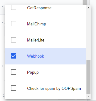 Checklist with options including GetResponse, MailChimp, MailerLite, Webhook (selected), Popup, and OOPSpam spam check.