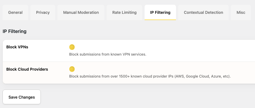 IP Filtering tab in the OOPSpam settings IP Filtering tab in the OOPSpam settings