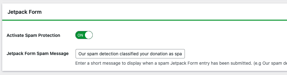 Jetpack Form settings with spam protection activated and custom spam message input.