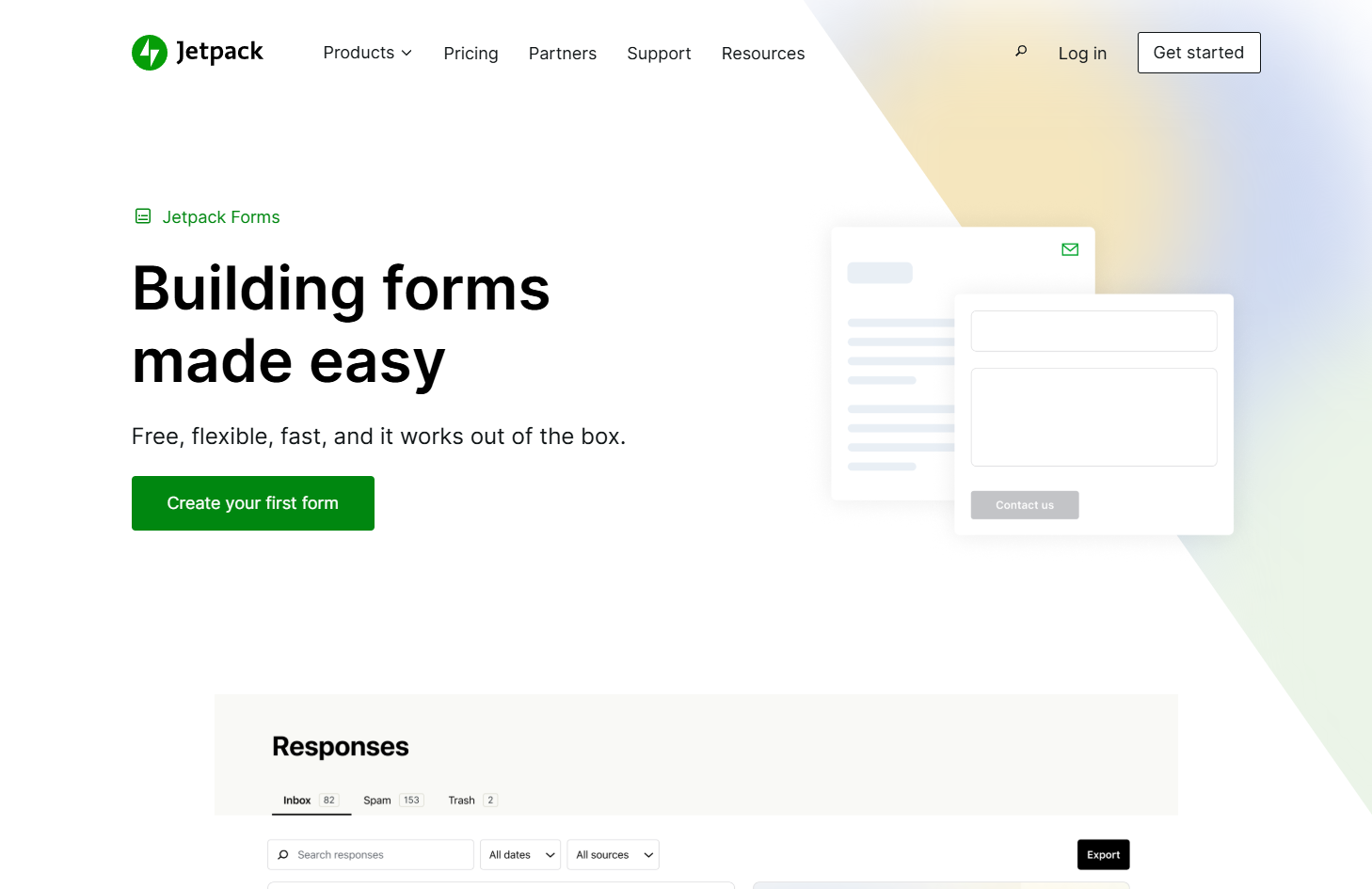 Jetpack Forms homepage showcasing easy form building features.