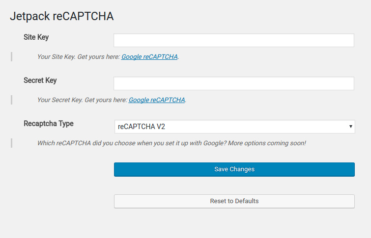 Jetpack reCAPTCHA settings with fields for site key, secret key, and reCAPTCHA type selection.