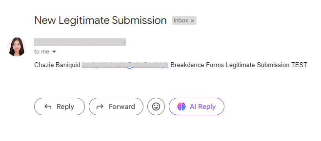 Email titled 'New Legitimate Submission' displaying a message from Chazie with options to reply, forward, or use AI reply.