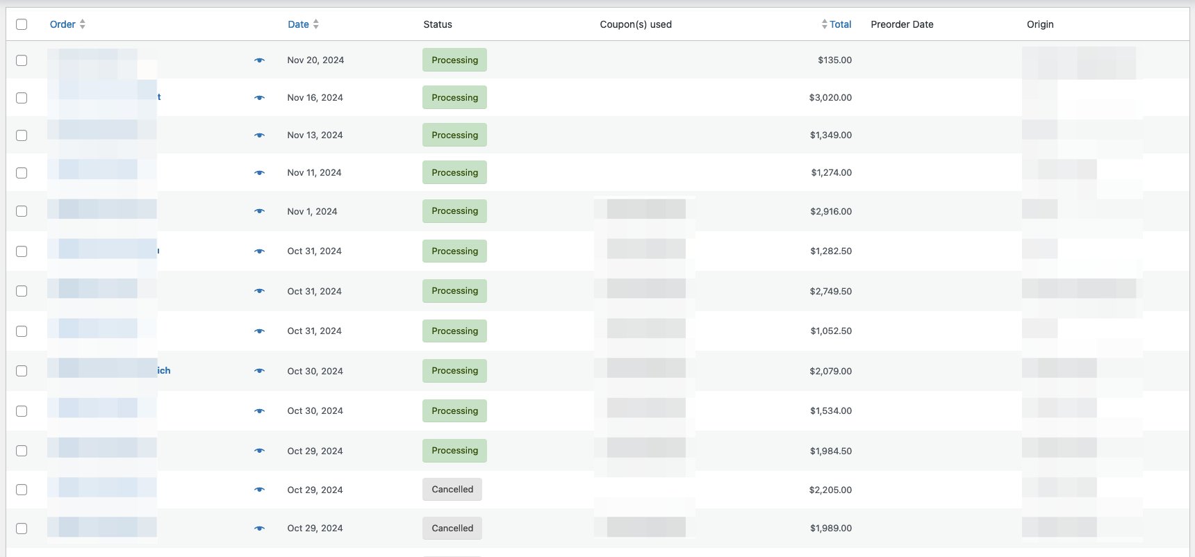 E-commerce order management dashboard showing order statuses, dates, totals, and other details, with marked as "Processing".