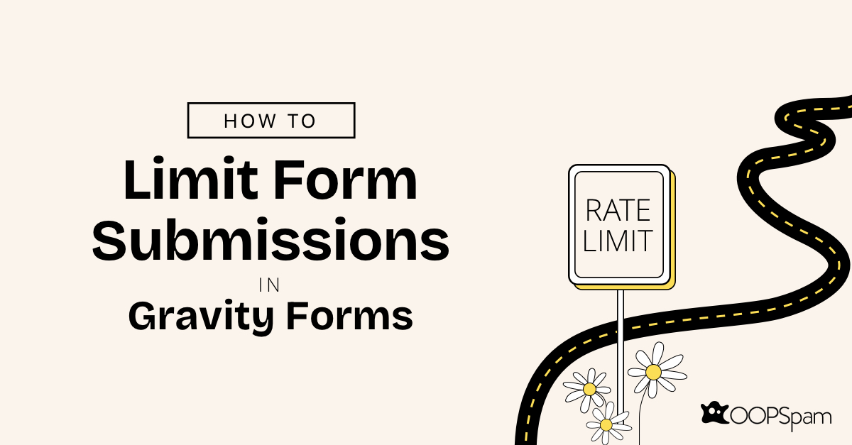 Graphic showing 'How to Limit Form Submissions in Gravity Forms' with a rate limit sign and road illustration.