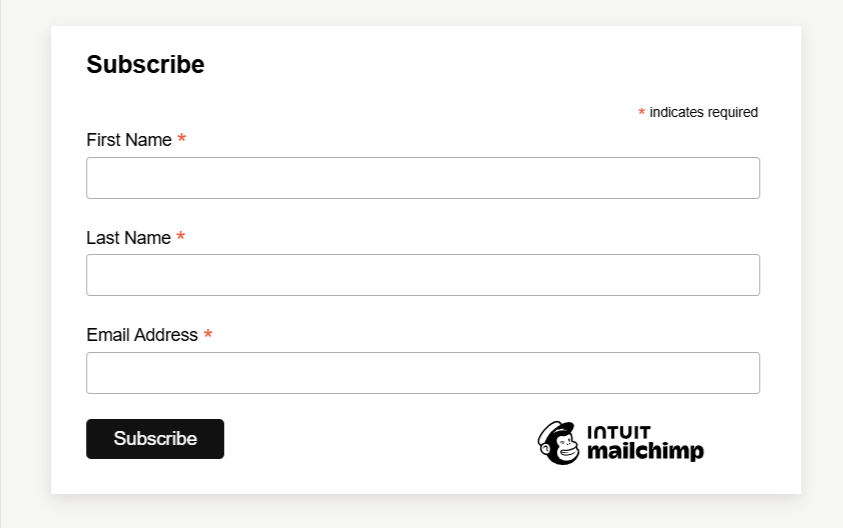 Mailchimp subscription form with fields for first name, last name, and email.