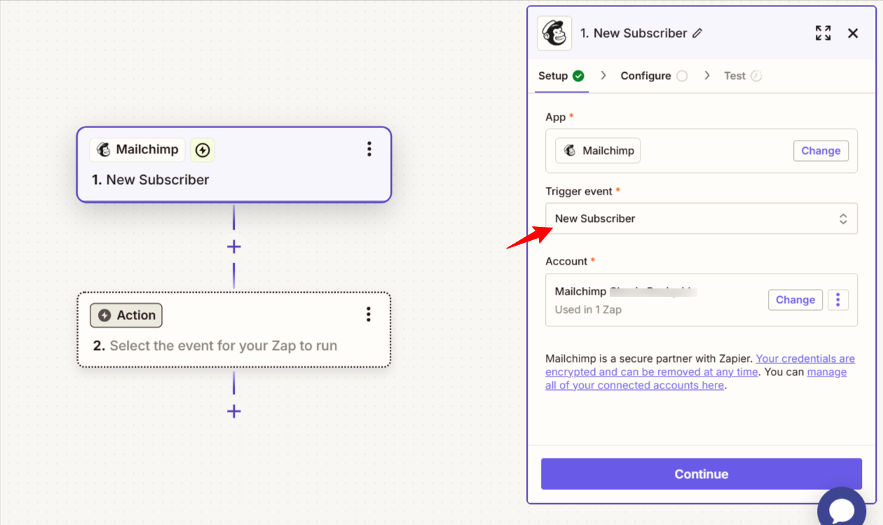 Zapier workflow triggering a new Mailchimp subscriber event.