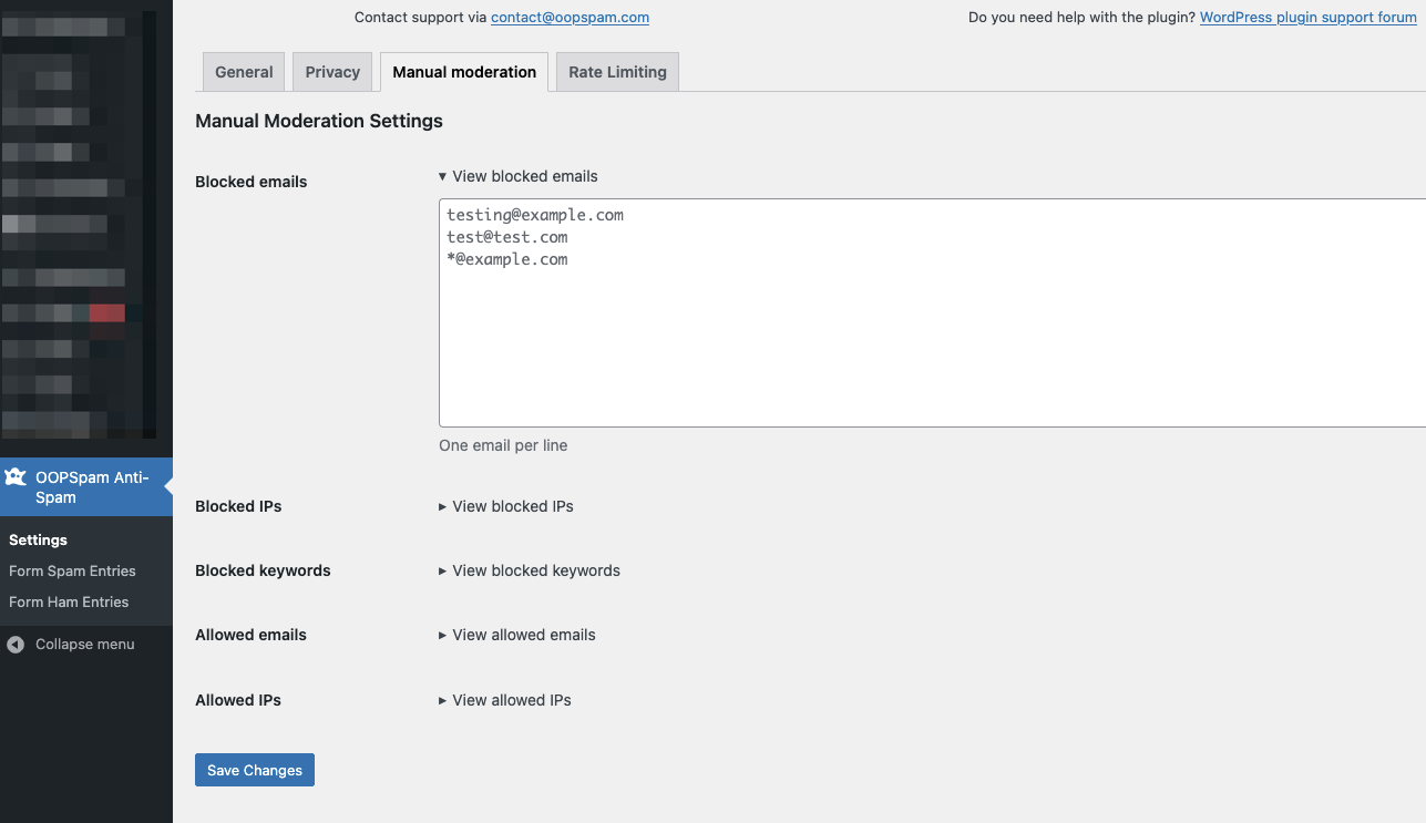 Manual moderation settings in OOPSpam plugin showing options to block emails, IPs, and keywords.