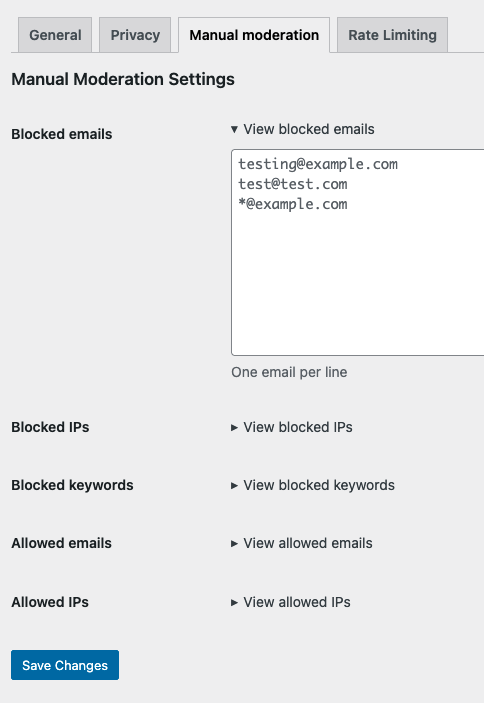 Manual moderation settings screen showing blocked emails, IPs, and keywords with options to allow specific entries.